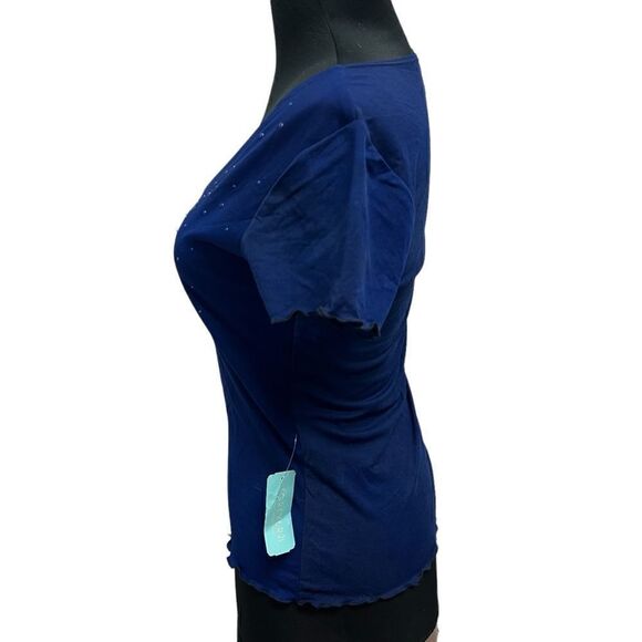 NWT vintage y2k forever 21 v neck top in stretch mesh with blue rhinestones sz L - Picture 4 of 12